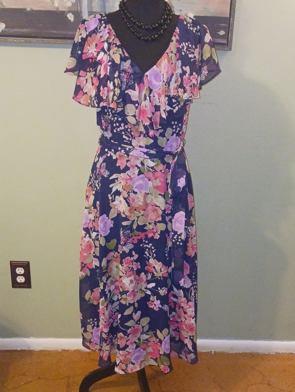 Elle Navy Floral V-Neck Flutter Sleeve Midi Dress